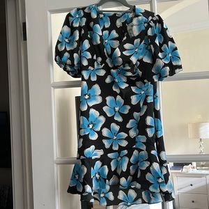 NWT Topshop black ruffle dress with blue flowers puff sleeves and back cut out